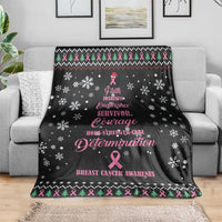 Black breast cancer Christmas blanket draped over sofa; pink ribbon, snowflakes and trees