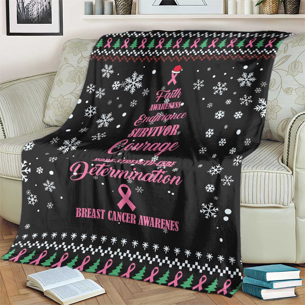 Black breast cancer Christmas blanket with pink ribbon, snowflakes and green tree trim