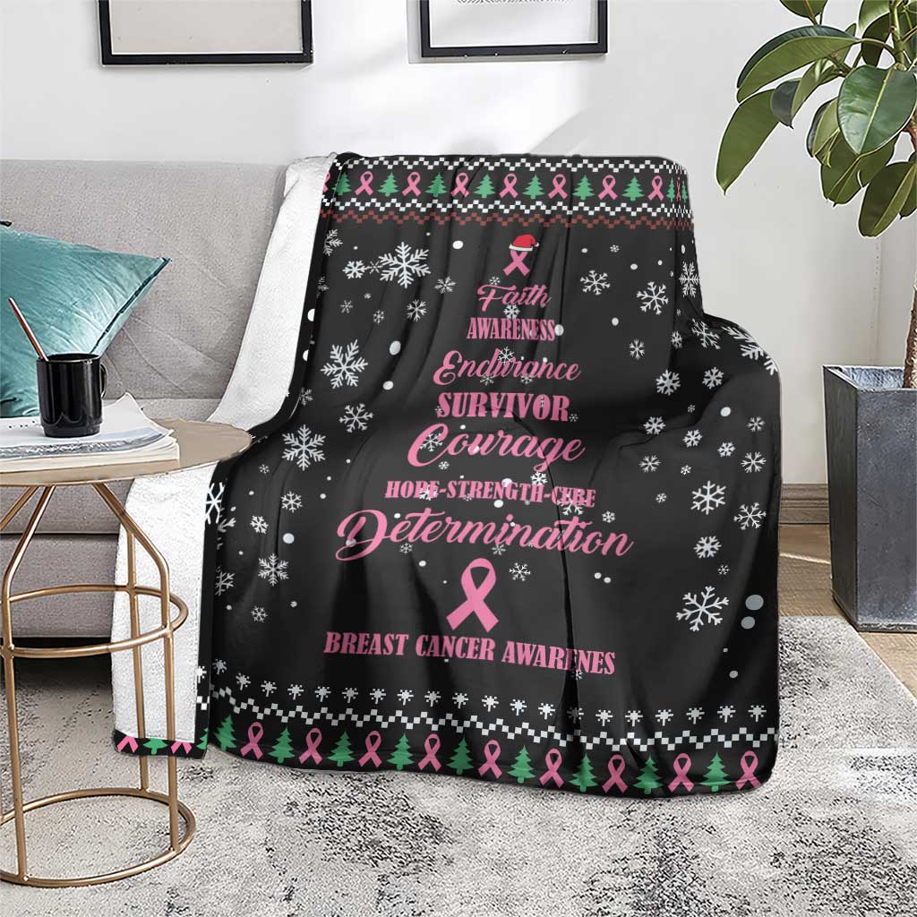 Black breast cancer Christmas blanket spread on floor; pink ribbon, snowflakes and tree border