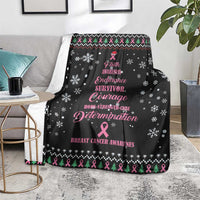 Black breast cancer Christmas blanket spread on floor; pink ribbon, snowflakes and tree border