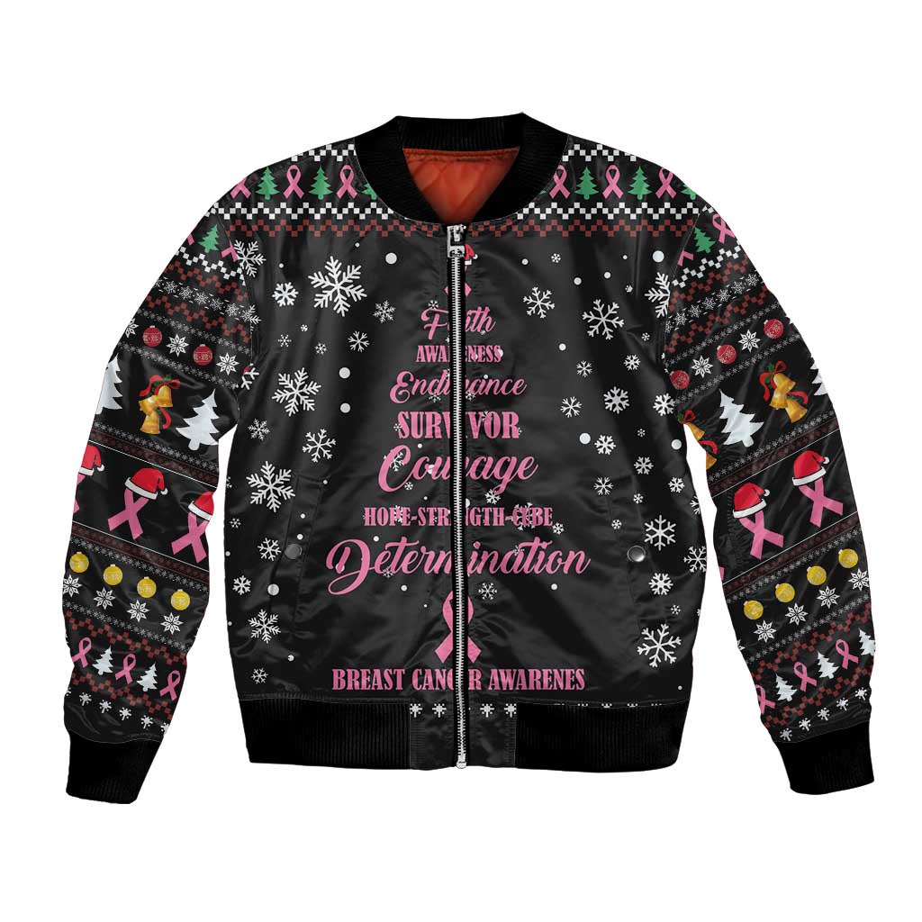 Black bomber jacket with festive print, awareness ribbons, full front zip and cuffs