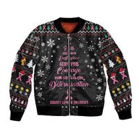 Black bomber jacket with festive print, awareness ribbons, full front zip and cuffs