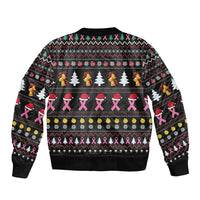 Black bomber jacket with holiday pattern stripes, ornaments, snowflakes, and ribbon icons