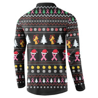 Men's black holiday sweatshirt back with pink ribbons, snowflakes, and bells