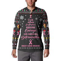 Men's black festive sweatshirt on model, pink ribbon awareness typography
