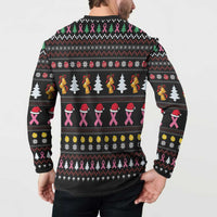 Men's black festive sweatshirt on model, back with pink ribbons and Christmas icons