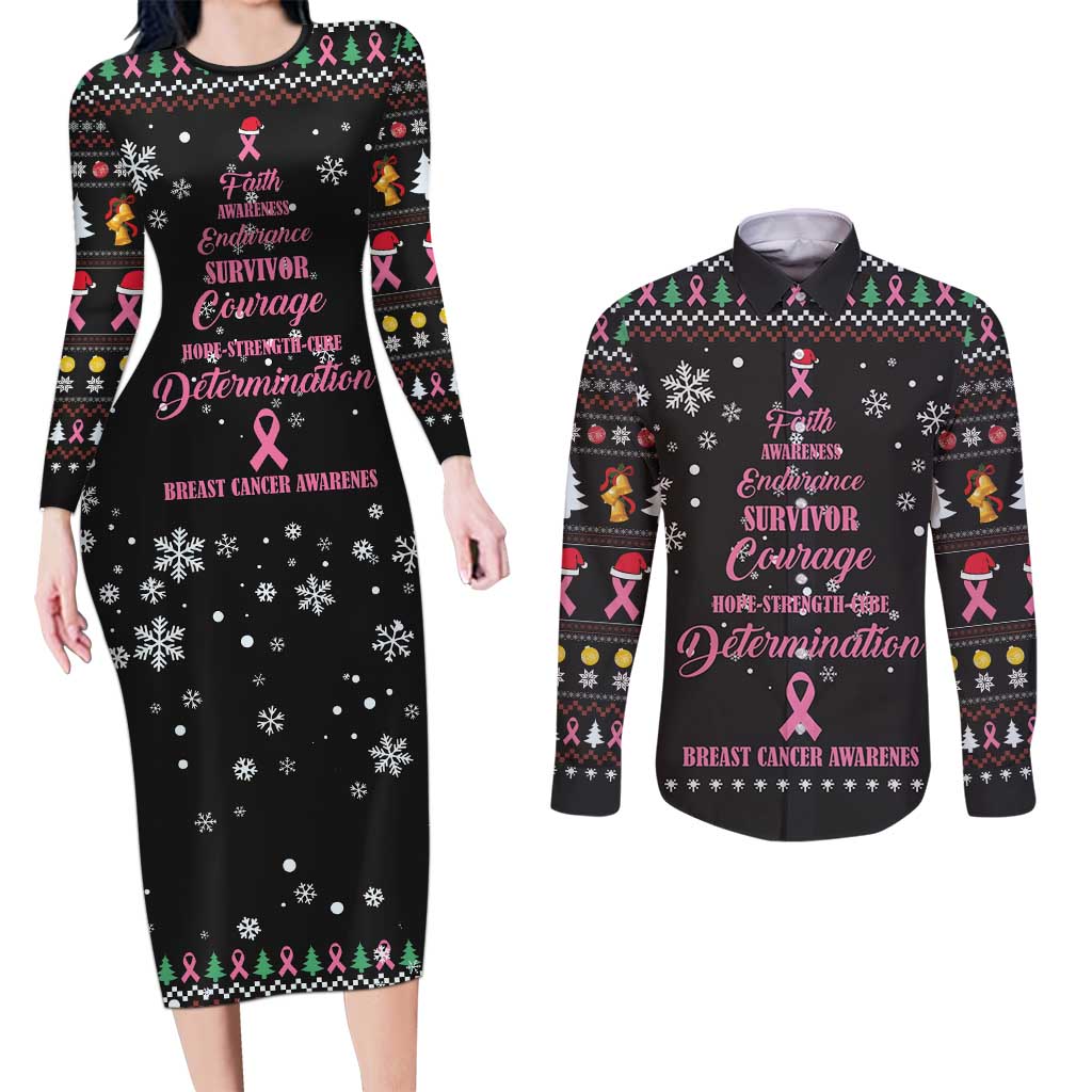 Christmas Tree Breast Cancer Couples Matching Long Sleeve Bodycon Dress and Long Sleeve Button Shirt Survivor