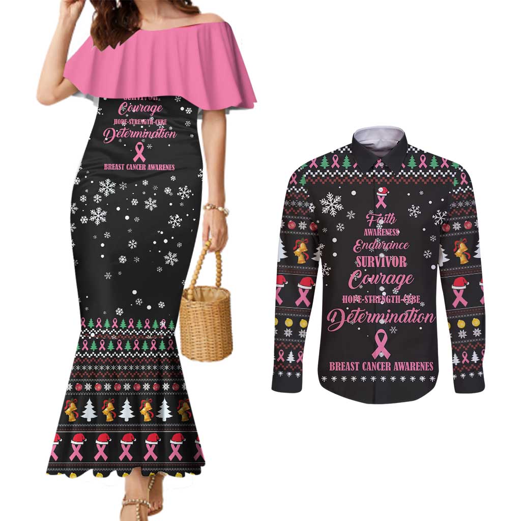 Christmas Tree Breast Cancer Couples Matching Mermaid Dress and Long Sleeve Button Shirt Survivor