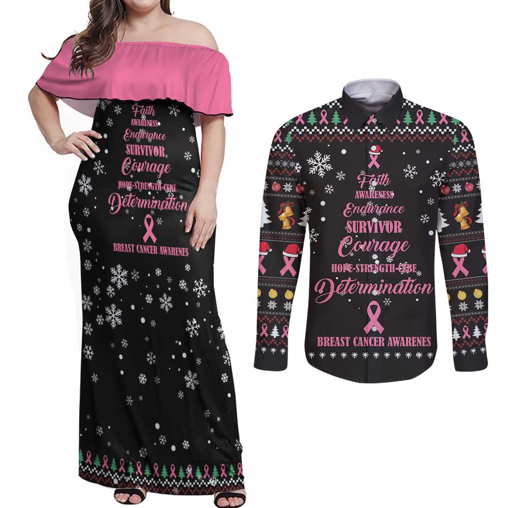 Christmas Tree Breast Cancer Couples Matching Off Shoulder Maxi Dress and Long Sleeve Button Shirt Survivor