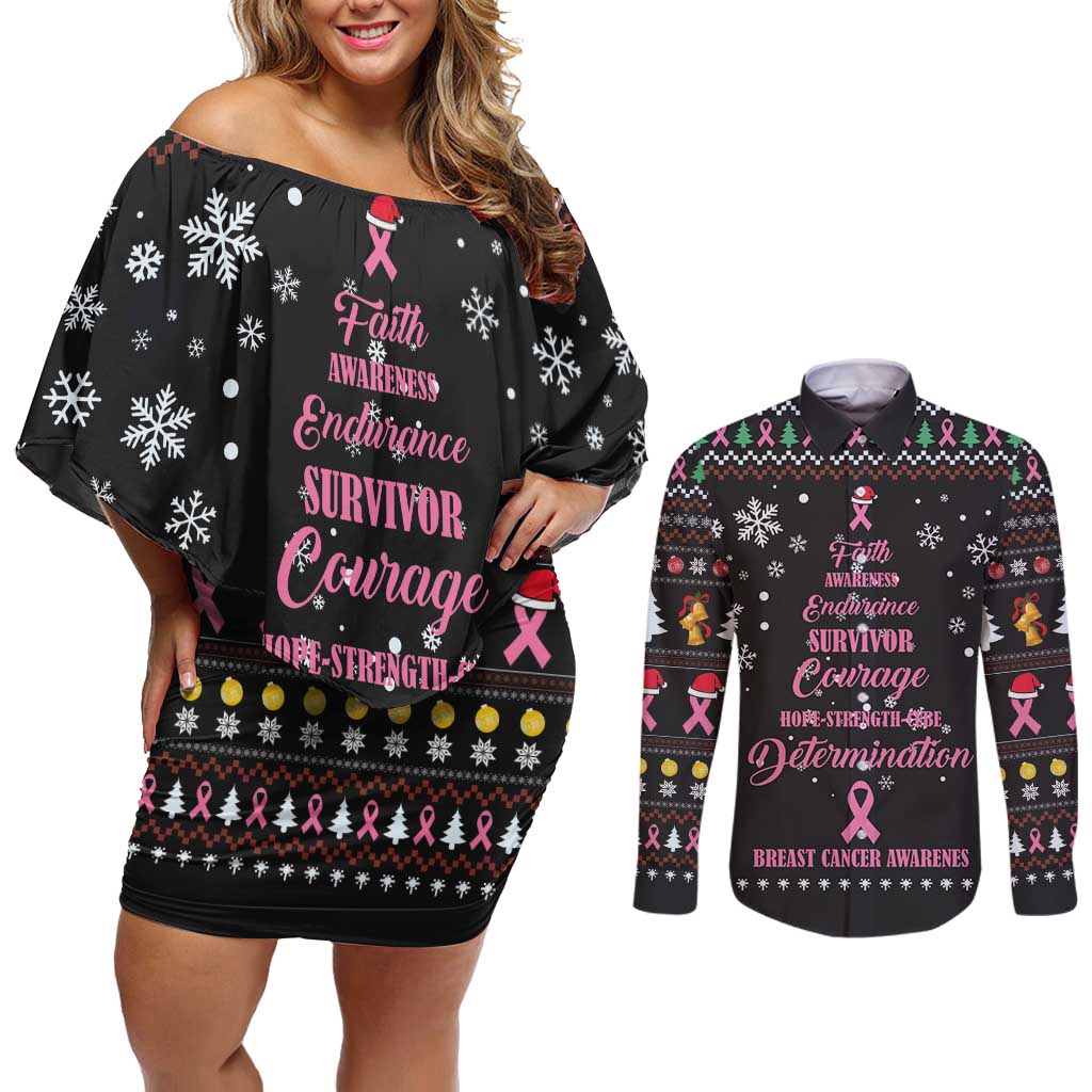 Christmas Tree Breast Cancer Couples Matching Off Shoulder Short Dress and Long Sleeve Button Shirt Survivor