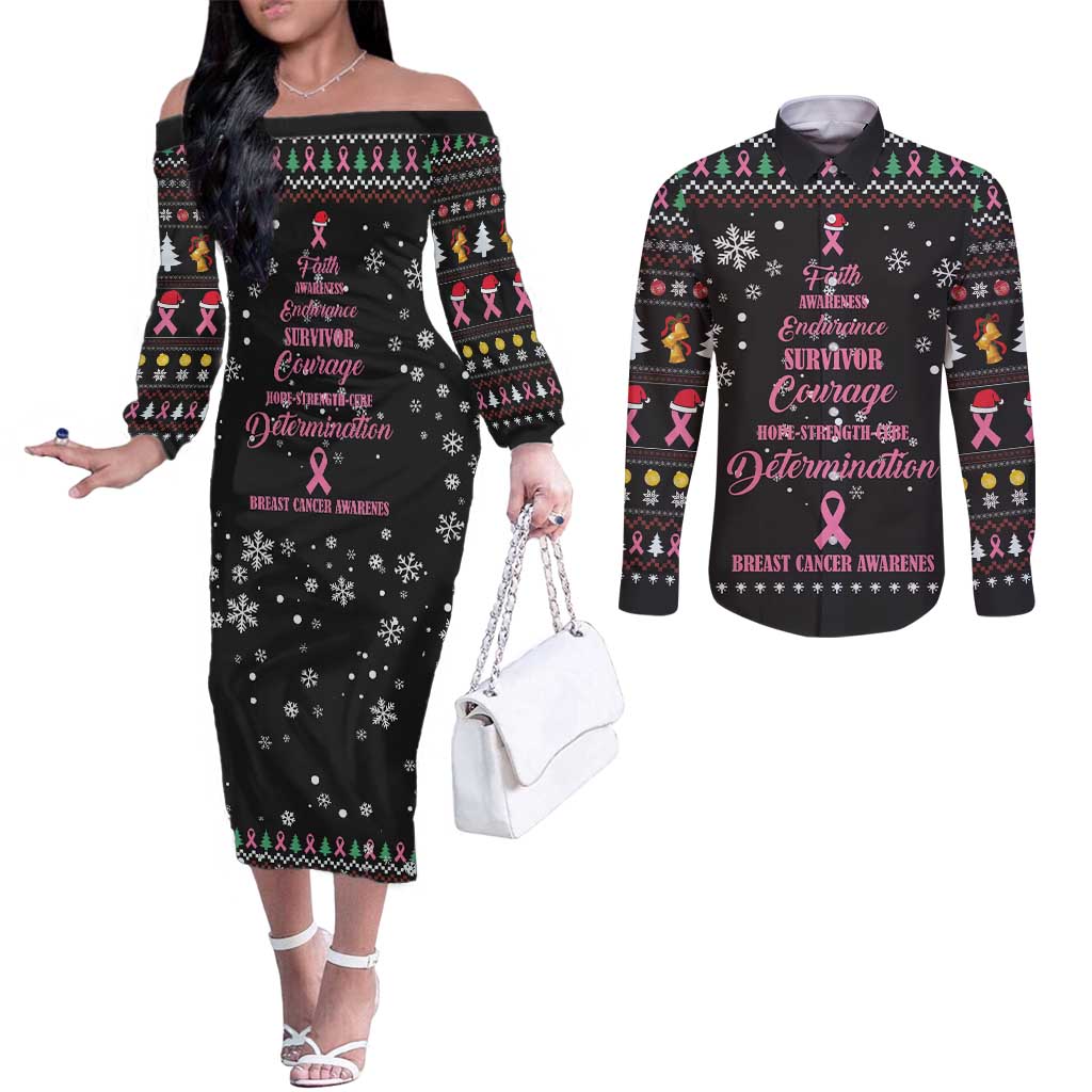 Christmas Tree Breast Cancer Couples Matching Off The Shoulder Long Sleeve Dress and Long Sleeve Button Shirt Survivor