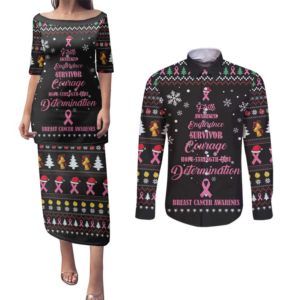 Christmas Tree Breast Cancer Couples Matching Puletasi and Long Sleeve Button Shirt Survivor