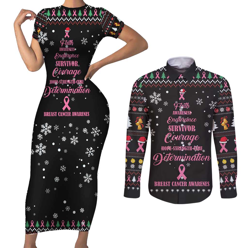 Christmas Tree Breast Cancer Couples Matching Short Sleeve Bodycon Dress and Long Sleeve Button Shirt Survivor