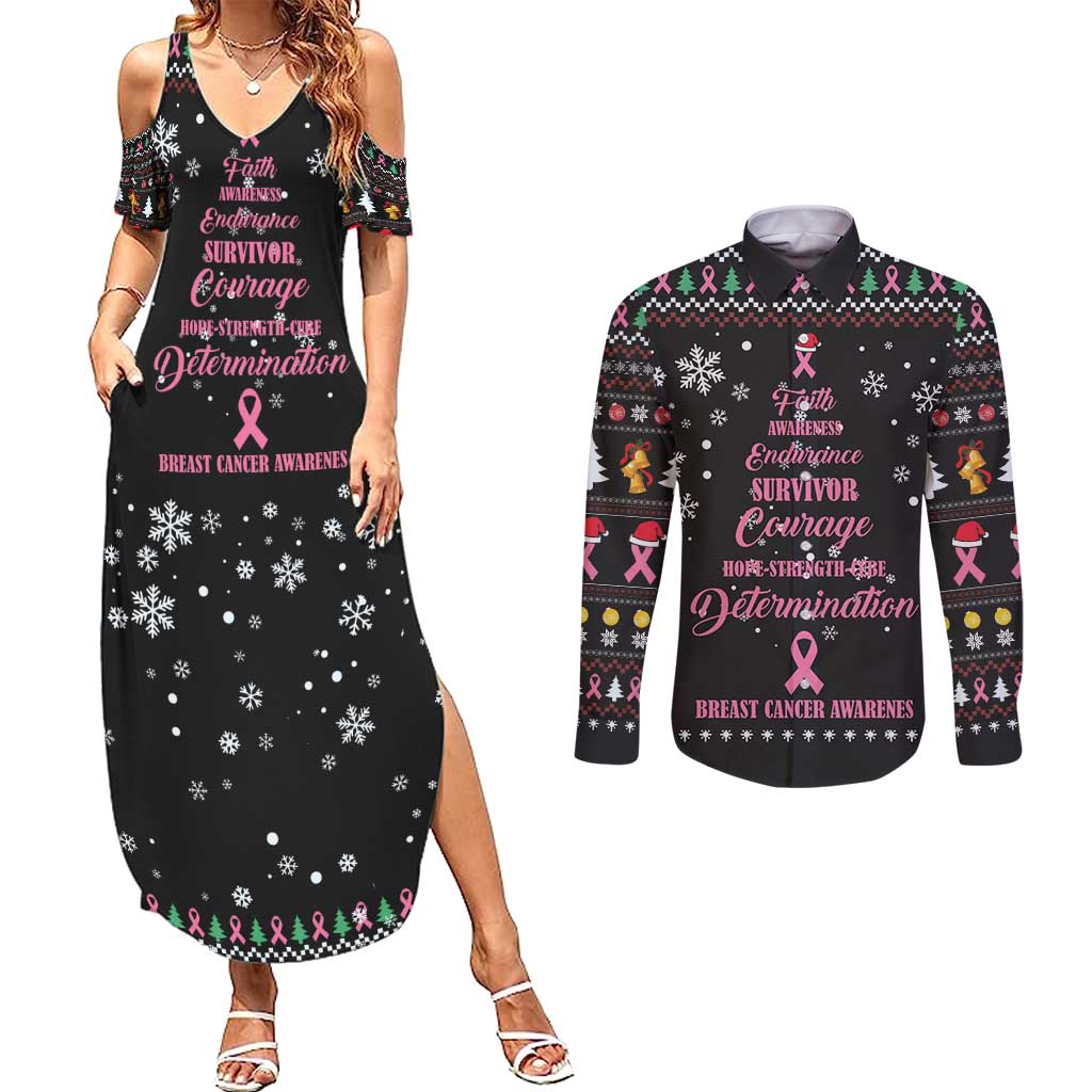 Christmas Tree Breast Cancer Couples Matching Summer Maxi Dress and Long Sleeve Button Shirt Survivor