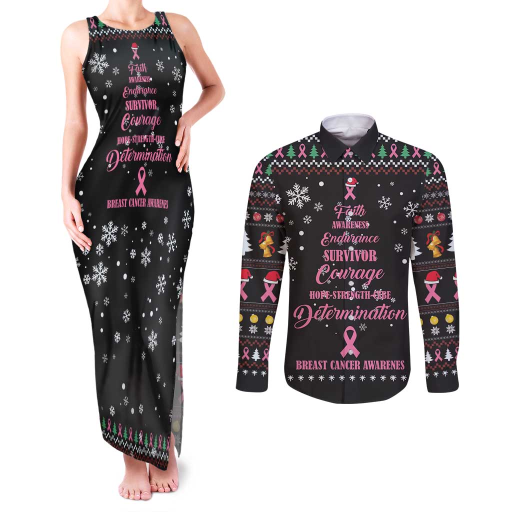 Christmas Tree Breast Cancer Couples Matching Tank Maxi Dress and Long Sleeve Button Shirt Survivor