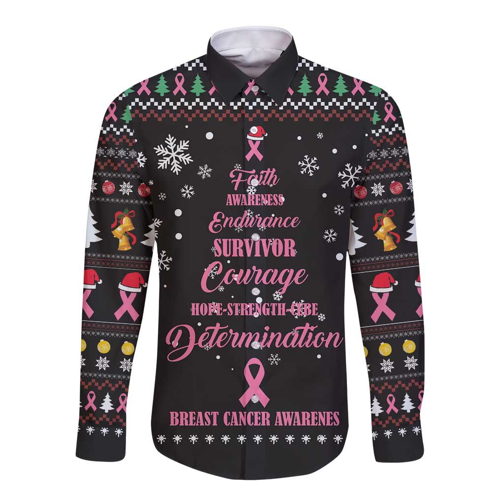 Black long-sleeve button shirt with Christmas breast cancer awareness graphic front