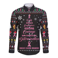 Black long-sleeve button shirt with Christmas breast cancer awareness graphic front