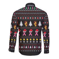 Black long-sleeve button shirt with Christmas breast cancer awareness graphic back