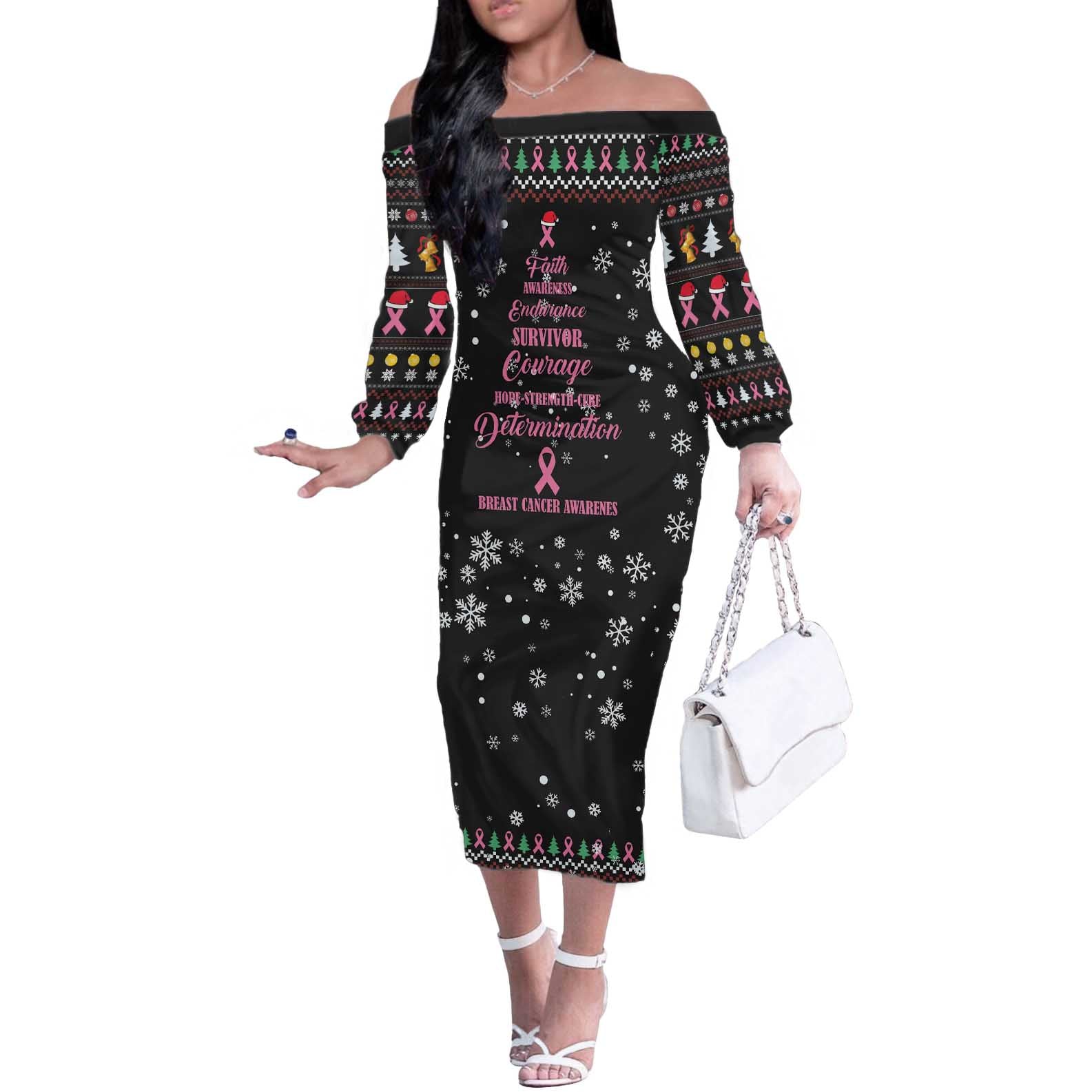 Christmas Tree Breast Cancer Off The Shoulder Long Sleeve Dress Survivor