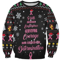 Black sweatshirt with pink ribbon and “Survivor” holiday graphic, snowflakes