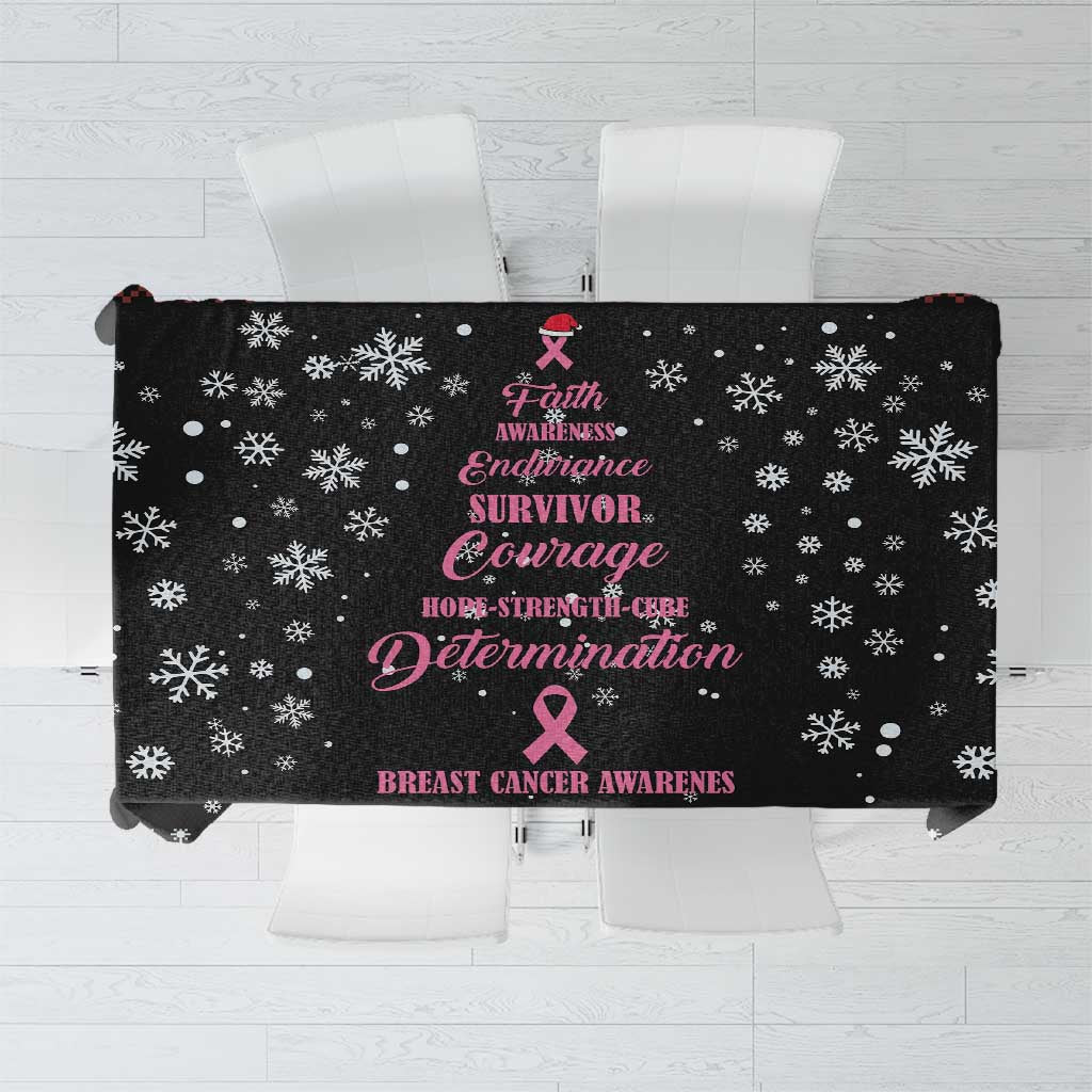 Black tablecloth with snowflake pattern and pink awareness text
