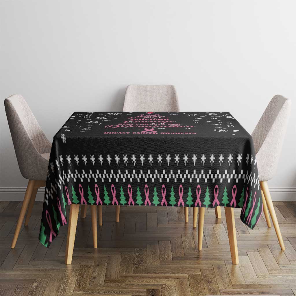 Black tablecloth with white snowflakes, green tree shapes, and pink awareness words