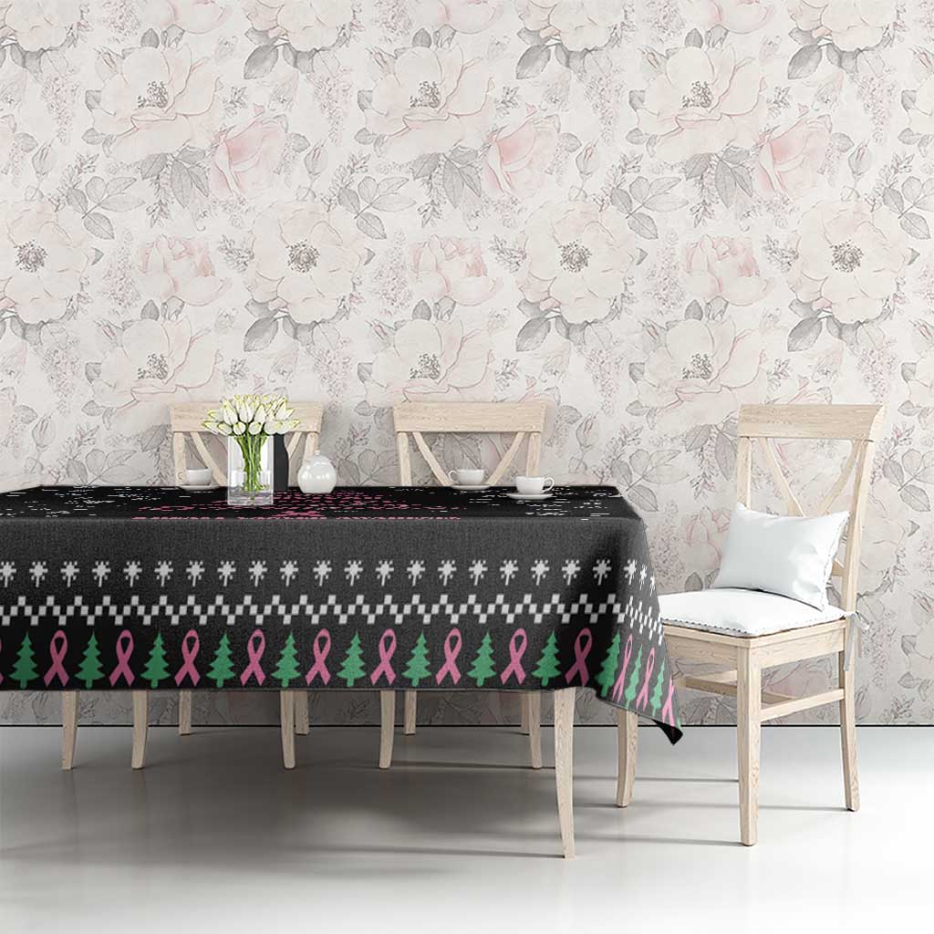 Black tablecloth with snowflake border, ribbon symbols, and green tree icons