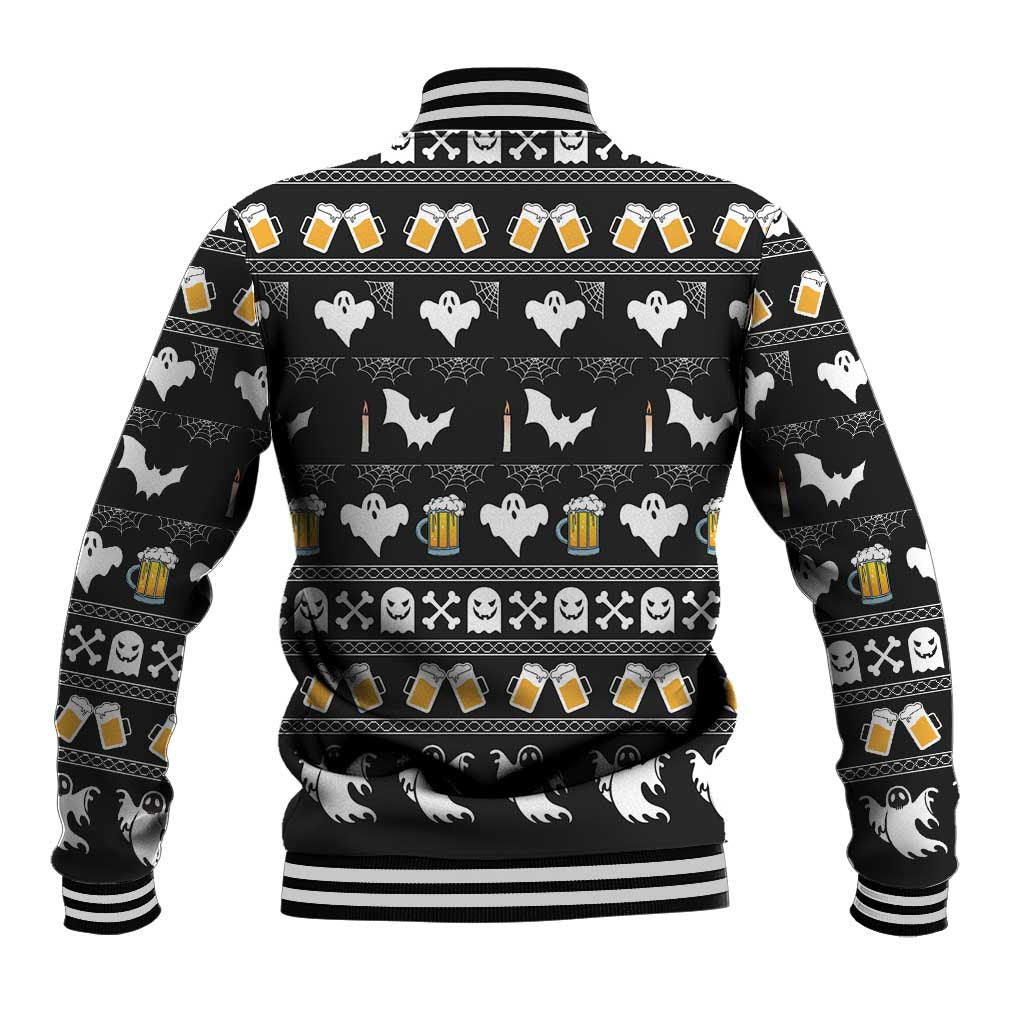 Black baseball jacket back with beer mugs, bat silhouettes, skull pattern, and striped collar