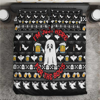 Black Christmas bedding set with cartoon ghosts, bats, beer mugs, and red text