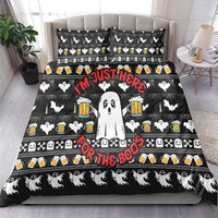 Black bedding set with ghost, bat, skull, and beer mug pattern plus red lettering