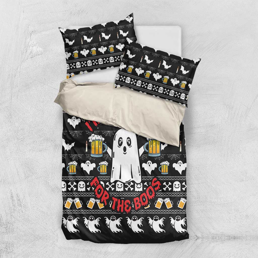 Black Christmas bedding set with ghost character, beer mugs, bats, and red graphic text
