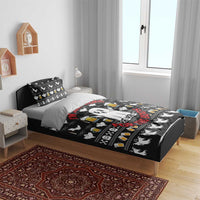 Black duvet bedding set with ghost, bat, beer mug, and skull prints and red phrase