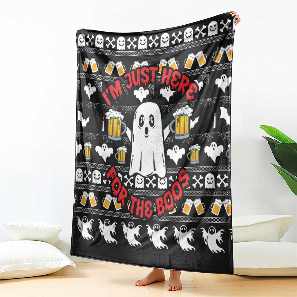Black Halloween boo beer blanket with central ghost, “I’M HERE FOR THE BOOS” message, and bats