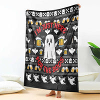 Black Halloween boo beer blanket with central ghost, “I’M HERE FOR THE BOOS” message, and bats