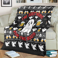 Black Halloween boo beer blanket on couch with ghost artwork, beer mugs, bats, and red “BOOS”