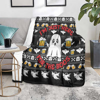 Black Halloween boo beer blanket on chair with ghost face, beer mugs, bats, and “BOOS” lettering