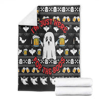 Black Halloween boo beer blanket laid flat with ghost, bats, beer mugs, and red “BOOS” text