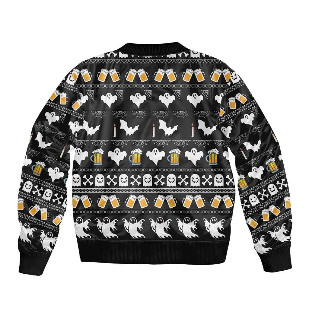 Black unisex bomber jacket back view, ribbed hem and cuffs, haunted beer and boo pattern