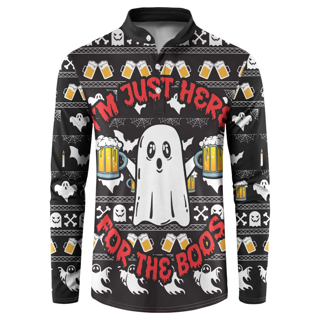 Black button-up sweatshirt with central ghost graphic, beer mugs, bats, and spooky text