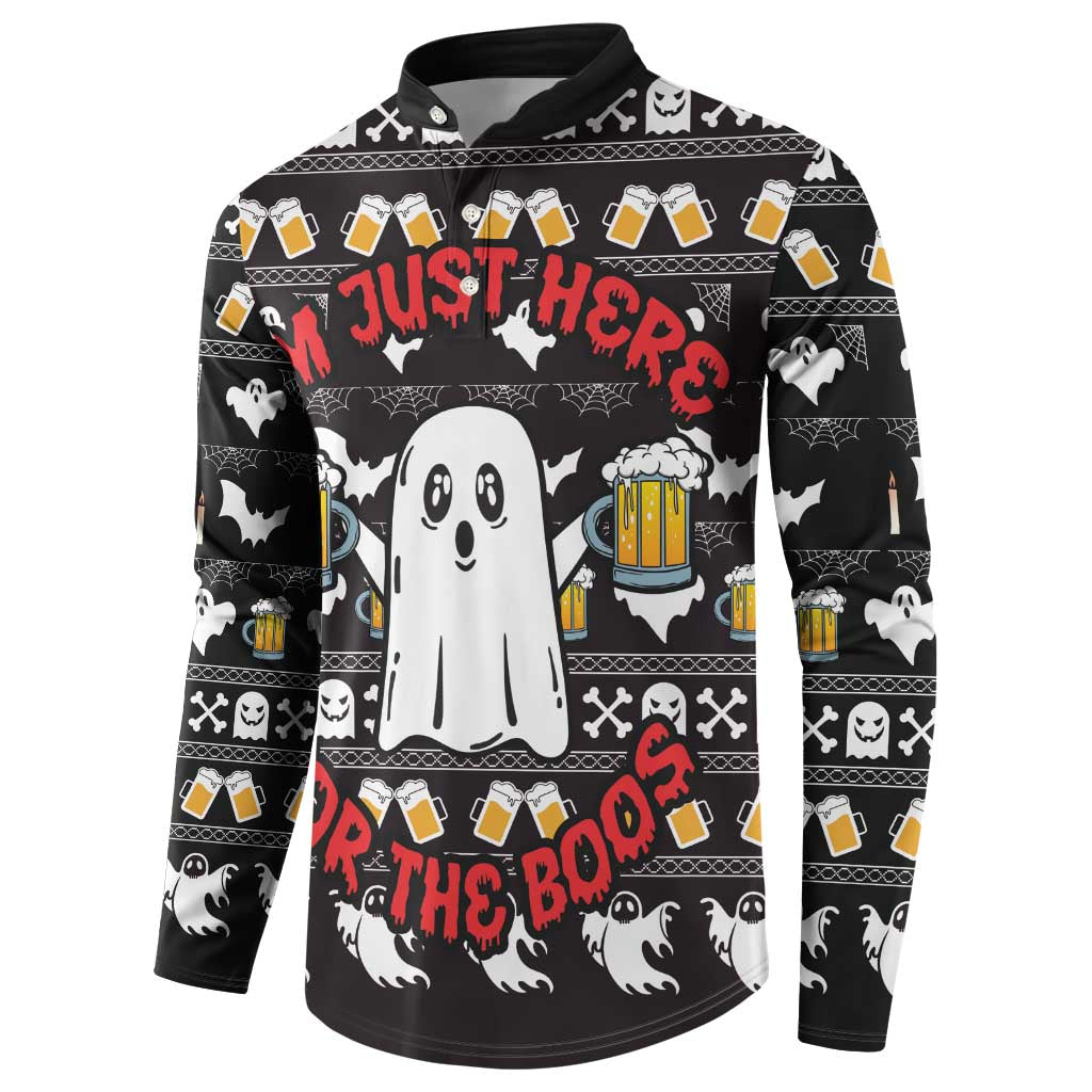 Black button-up sweatshirt with ghost print, beer mugs, bats, and red lettering near the chest