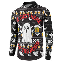 Black button-up sweatshirt with ghost print, beer mugs, bats, and red lettering near the chest
