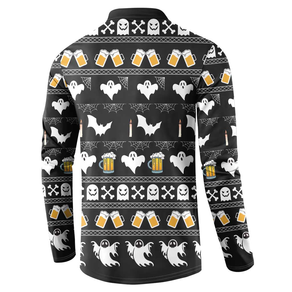 Black button-up sweatshirt with repeating ghosts, bats, beer mugs, and skull pattern on the back