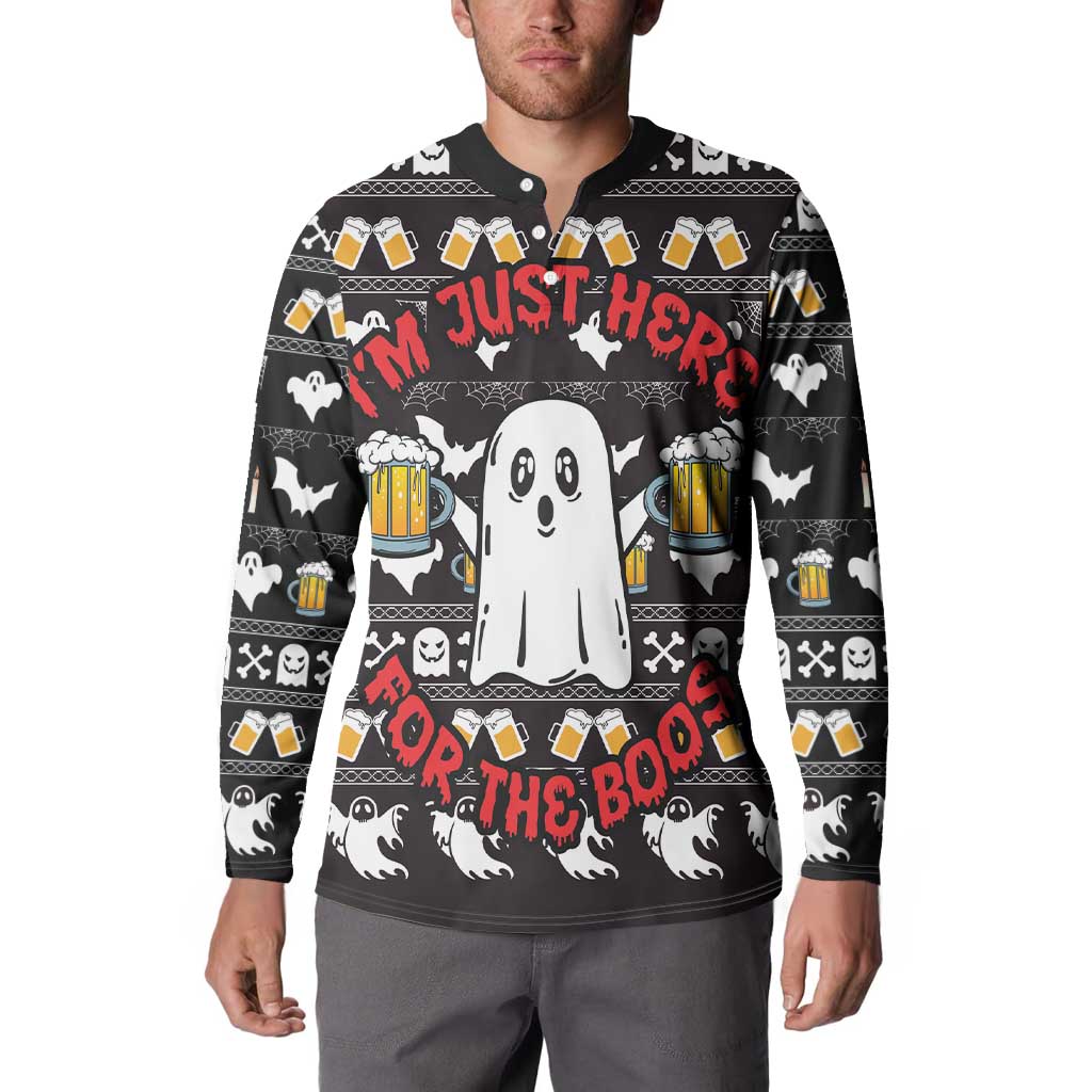 Black button-up sweatshirt with henley collar, central ghost print, beer mugs, and red spooky text