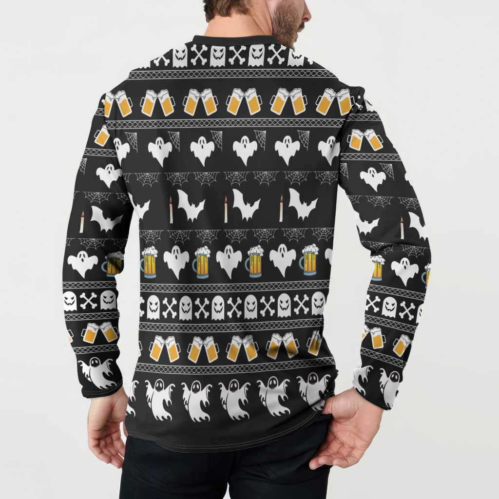 Black button-up sweatshirt back view with repeating ghosts, bats, beer mugs, and skull accents