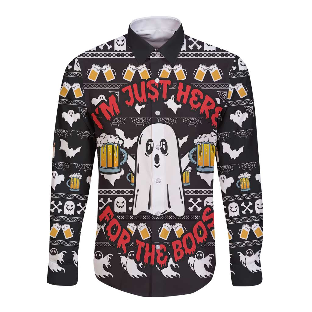 Unisex black long-sleeve button shirt with Halloween ghost, bats, and beer graphic