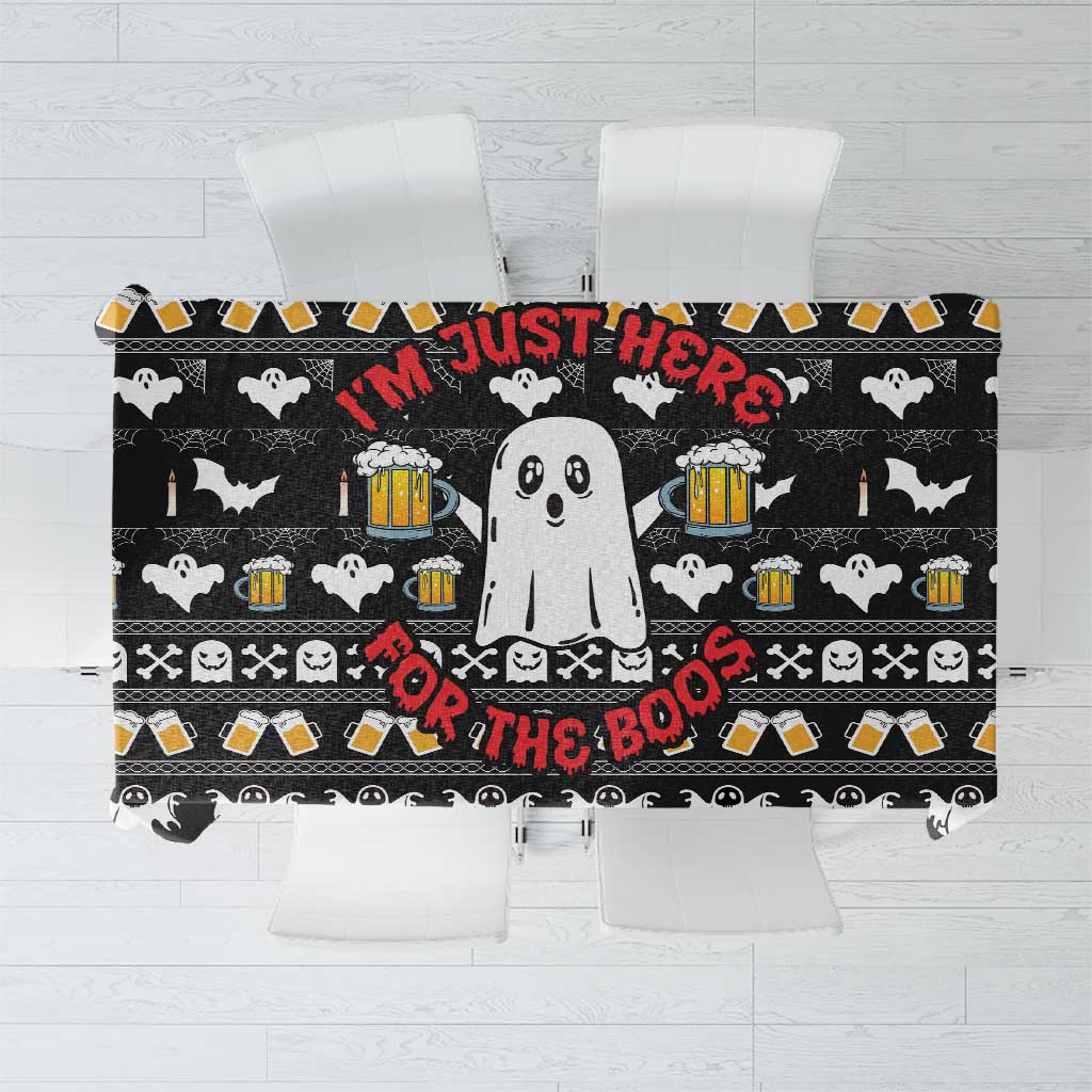 Black Halloween beer tablecloth with ghosts, beer mugs, and skull pattern