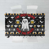 Black Halloween beer tablecloth with ghosts, beer mugs, and skull pattern