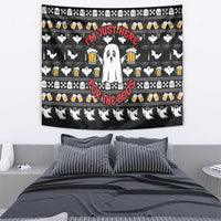 Black Halloween wall tapestry with ghost, bats, beer mugs, and red boo text
