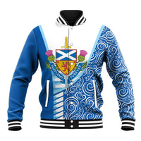 Blue unisex baseball jacket with striped collar, ribbed cuffs, and front zipper