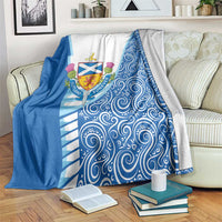 Blue and white Scotland themed blanket with crest and wave-like swirl pattern